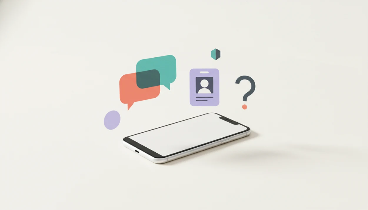 A minimal illustration of a phone with chat, profile, question, and safety symbols for AI dating help.