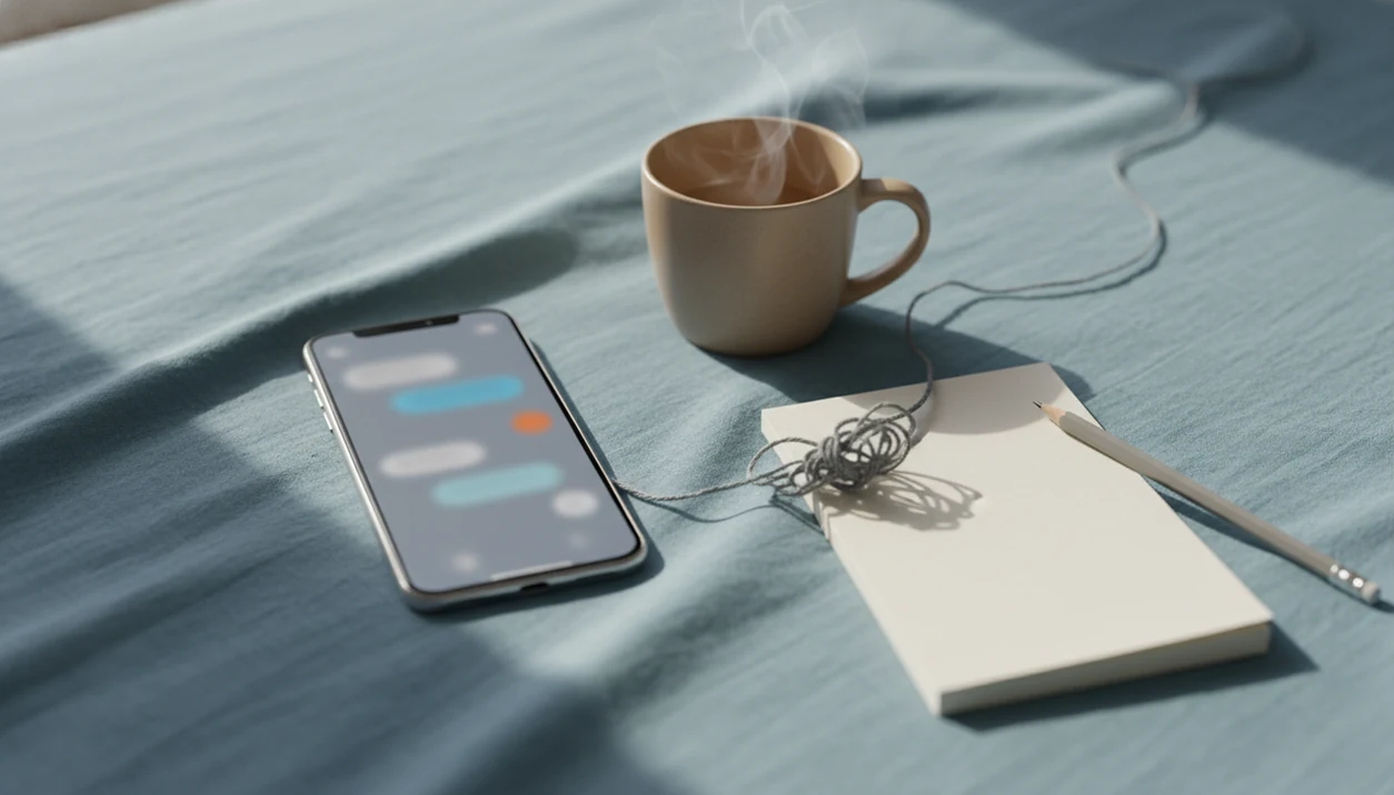 A calm bedside still life shows a phone, notebook, mug, and tangled thread easing into a smooth line.