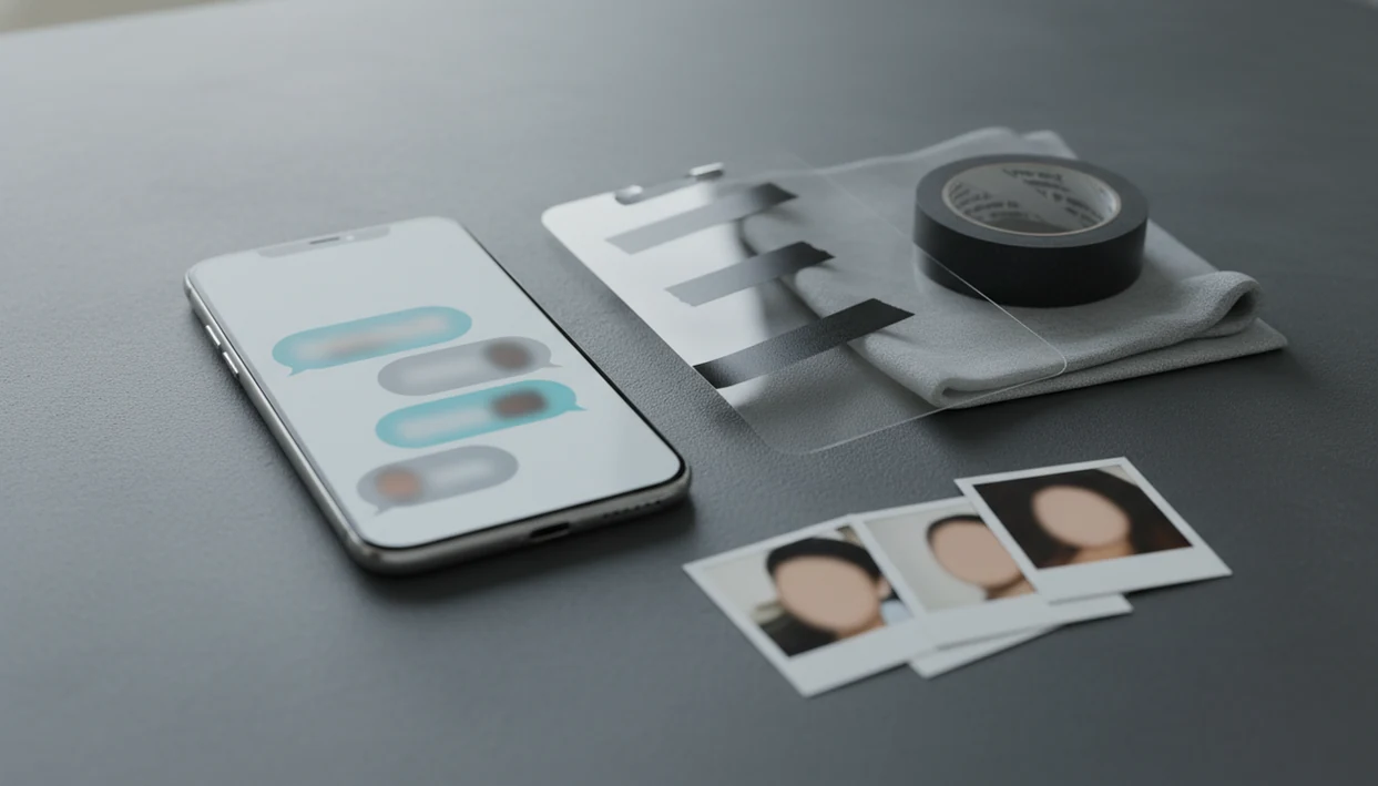 A phone with blurred dating chat bubbles sits beside redaction strips and obscured photo corners.
