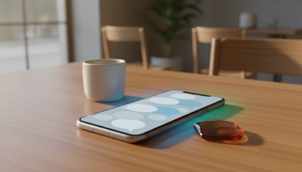 A phone with abstract chat bubbles sits beside a coffee cup and shield charm on a café table.