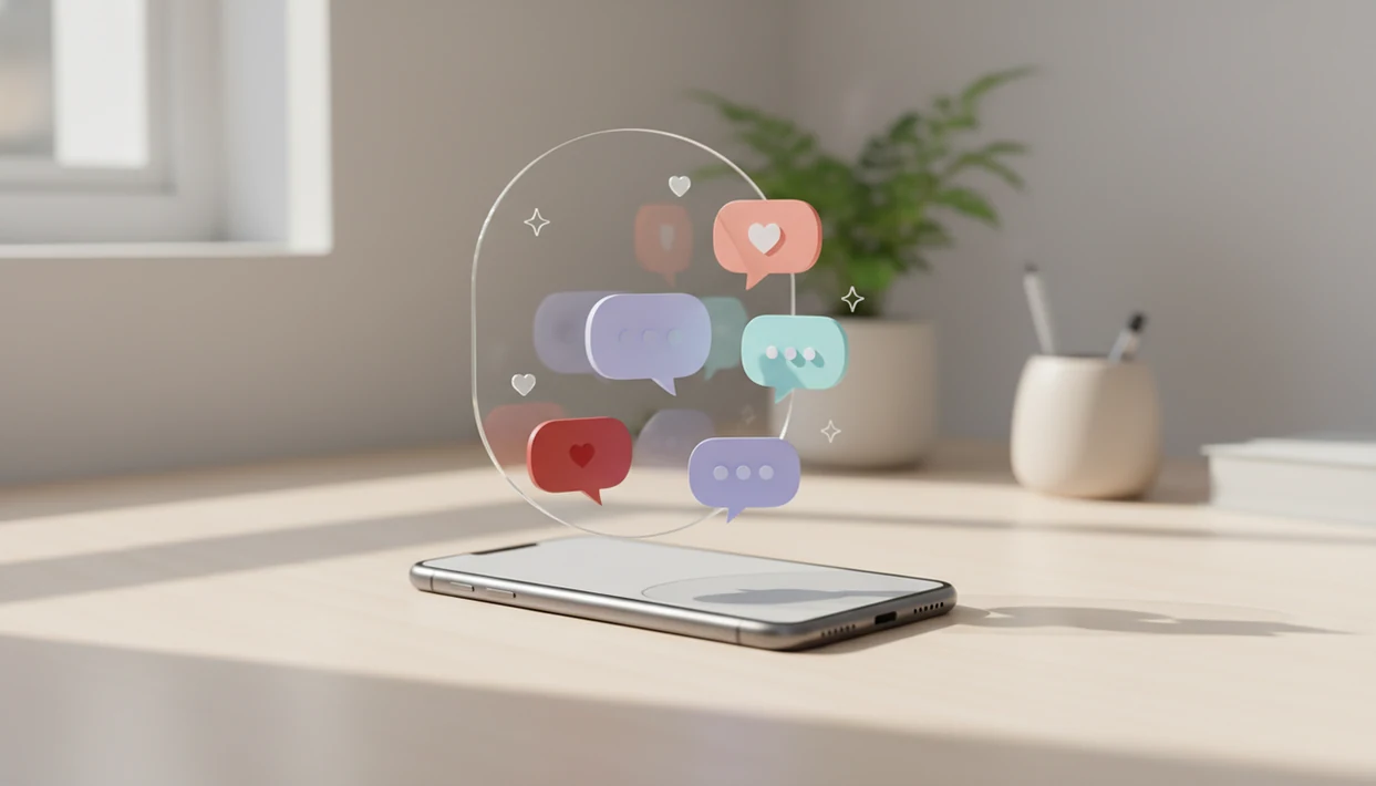 A phone with abstract flirty chat bubbles passing through a soft safety filter on a clean desk.