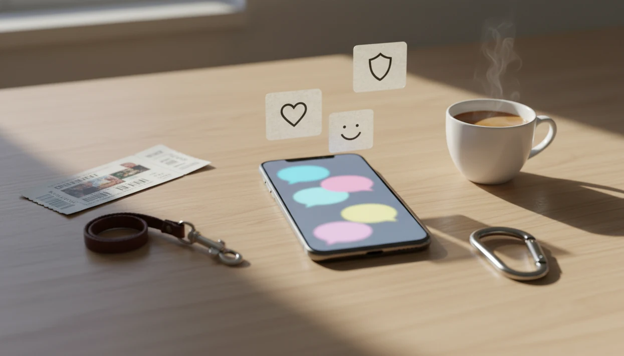 A phone surrounded by profile clues and safety icons suggests AI-generated respectful dating openers.