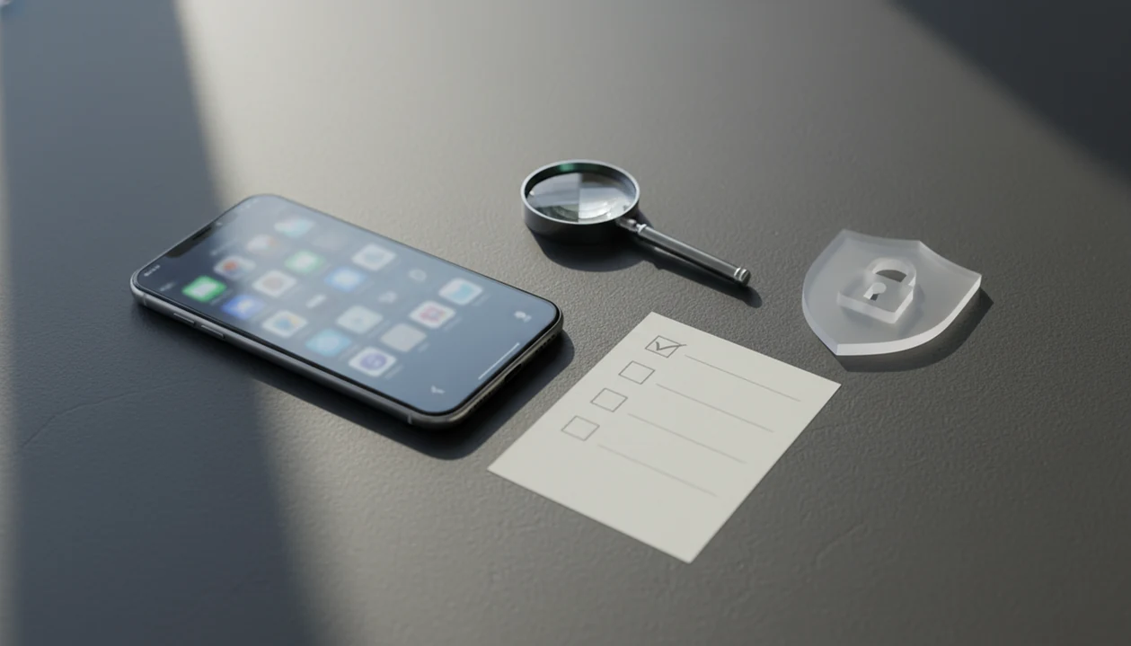 A phone, magnifying glass, blank checklist, and privacy shield suggest verifying a dating AI app safely.