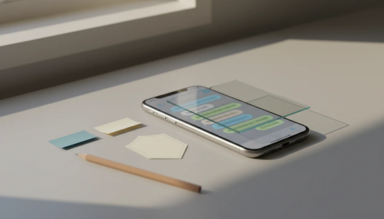 A smartphone with blurred dating chat bubbles sits under a magnifying sheet with subtle safety cues nearby.