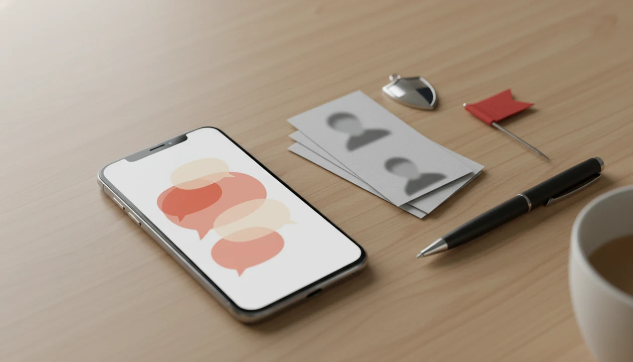 A phone with abstract chat bubbles sits beside profile cards, a shield charm, and a red flag pin.