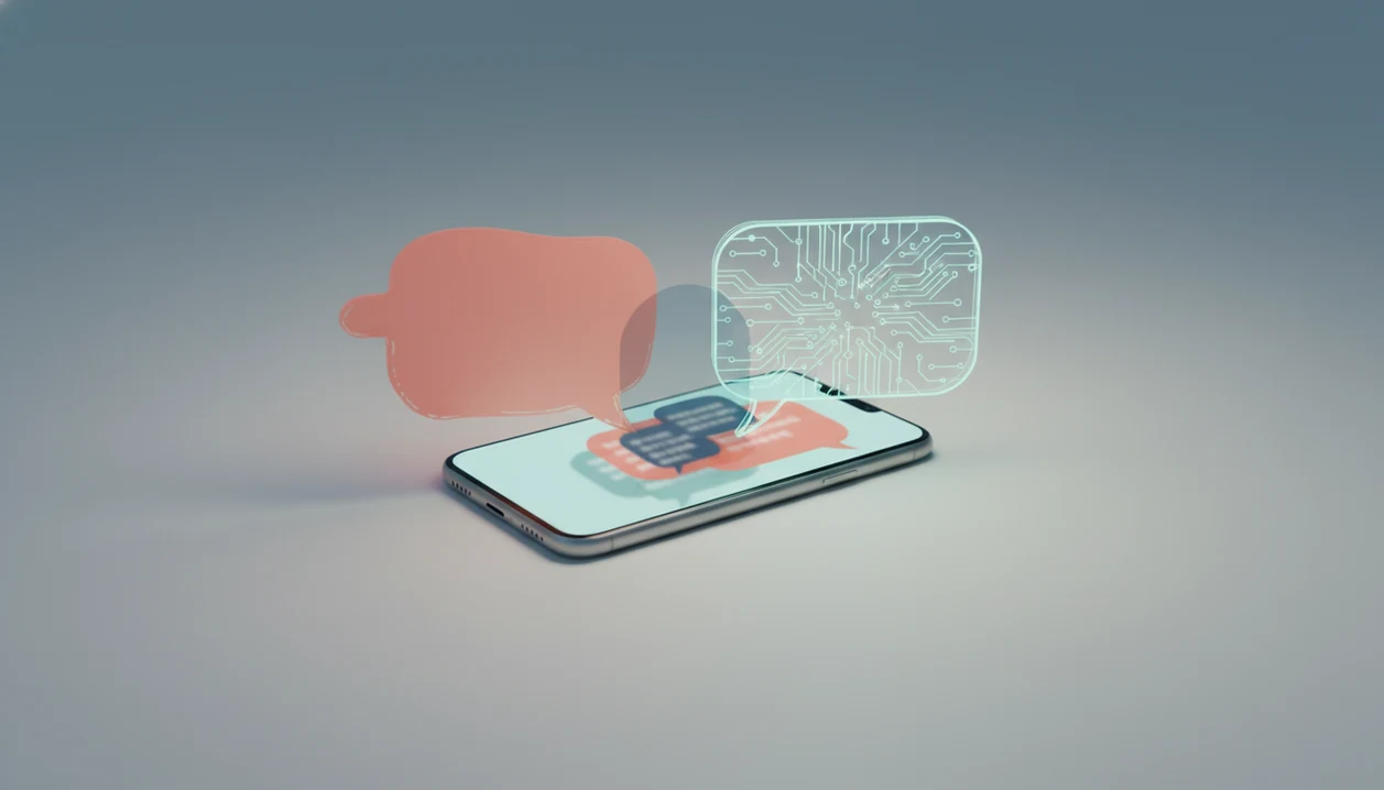 A phone shows abstract chat bubbles blending human warmth with AI-like circuit patterns.