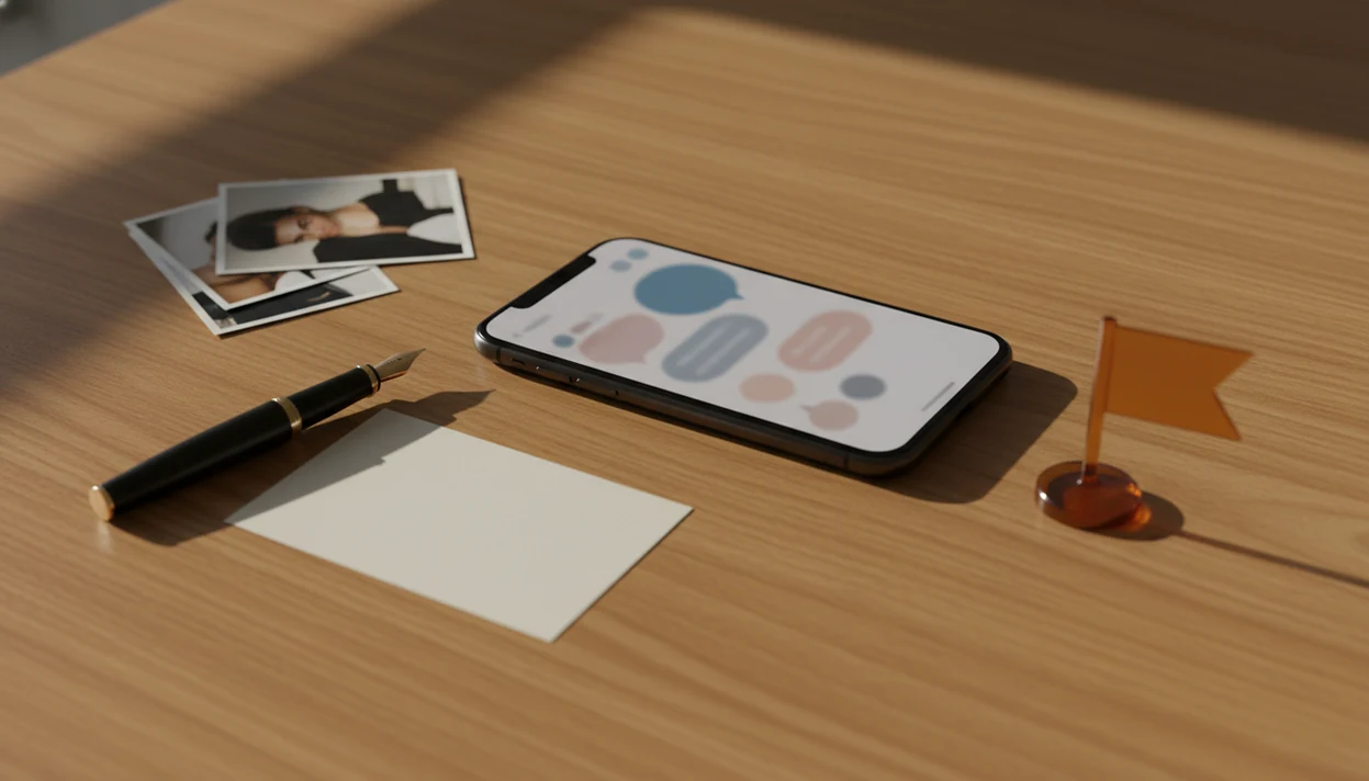 A phone, profile photos, blank prompt card, and warning marker arranged on a desk for dating app coaching.