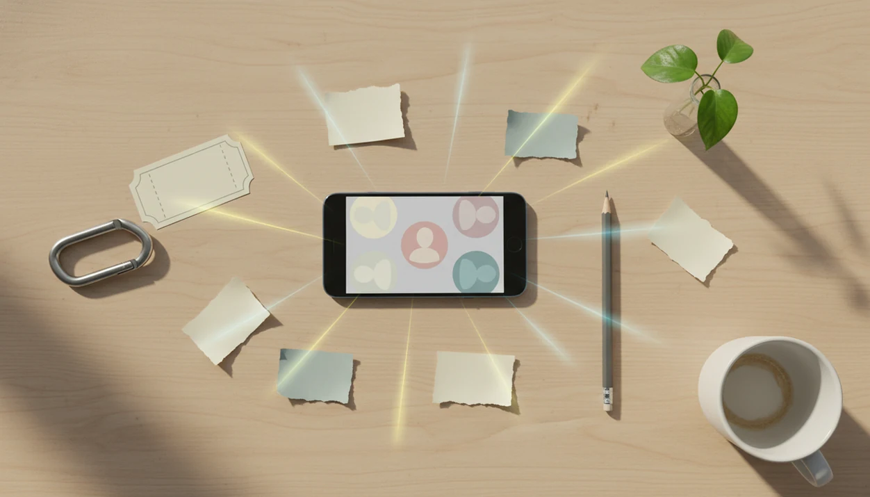 A phone on a desk gathers blank notes and personal objects into an organized dating profile idea.