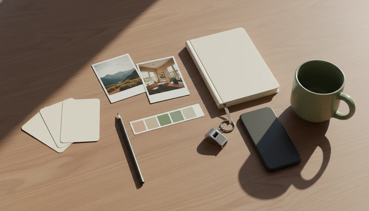 A calm workspace shows blank profile cards, photos, and safety cues for planning a dating profile.