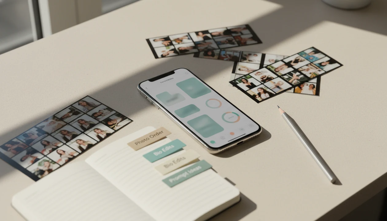 A phone and profile-editing materials arranged to suggest AI dating profile optimization.