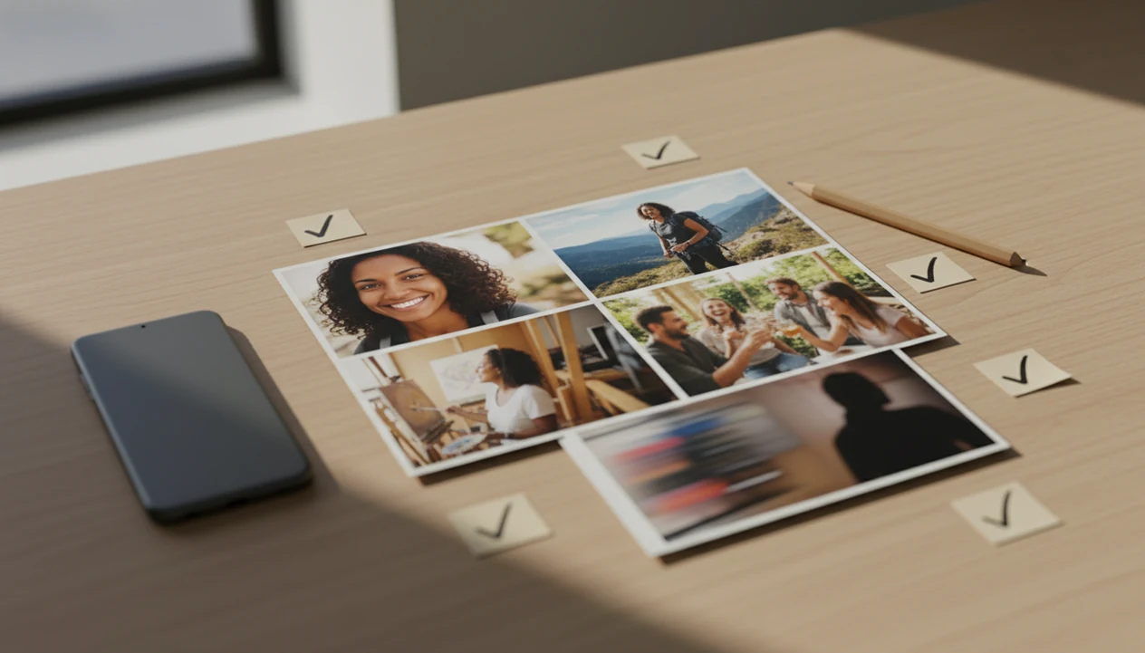 Printed dating profile photos are sorted on a desk to choose clear, recent, authentic images.