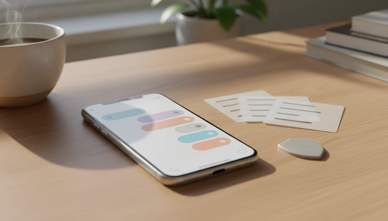 A phone with abstract chat bubbles sits beside blank AI reply cards and a small safety shield token.