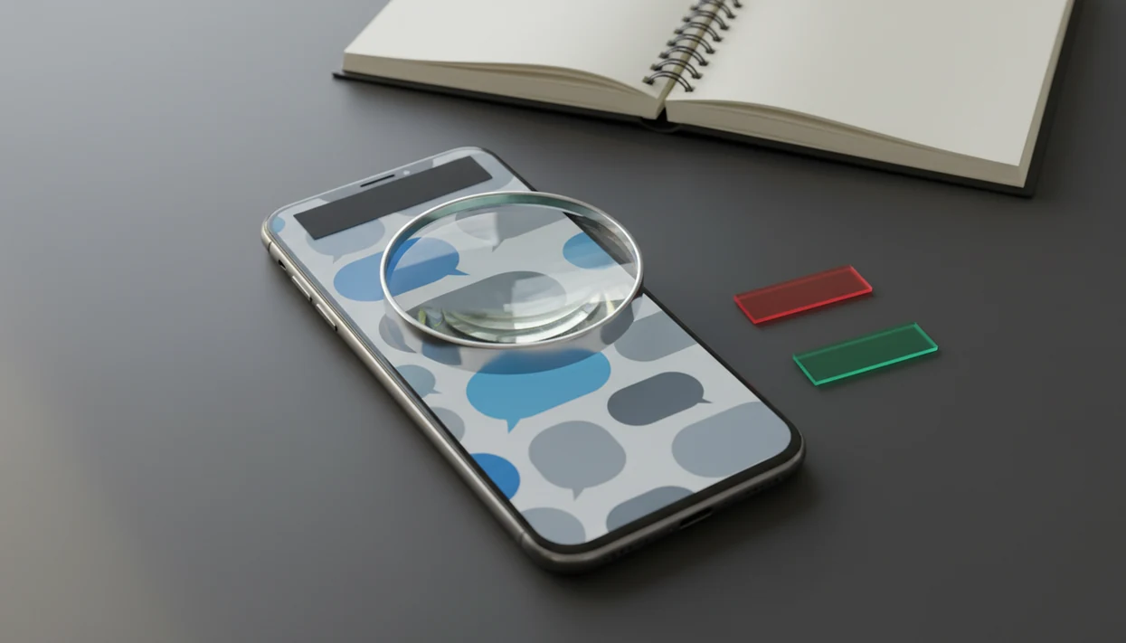 A phone with blurred chat bubbles is examined through a magnifying glass with red and green markers nearby.