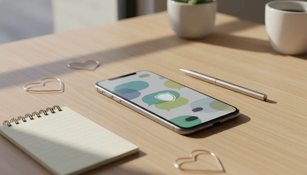 A phone on a desk shows abstract dating chat suggestions and a safety shield interface.