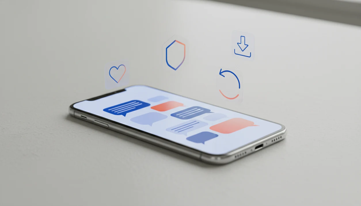 A smartphone with abstract chat bubbles, heart, shield, and download symbols on a clean desk.