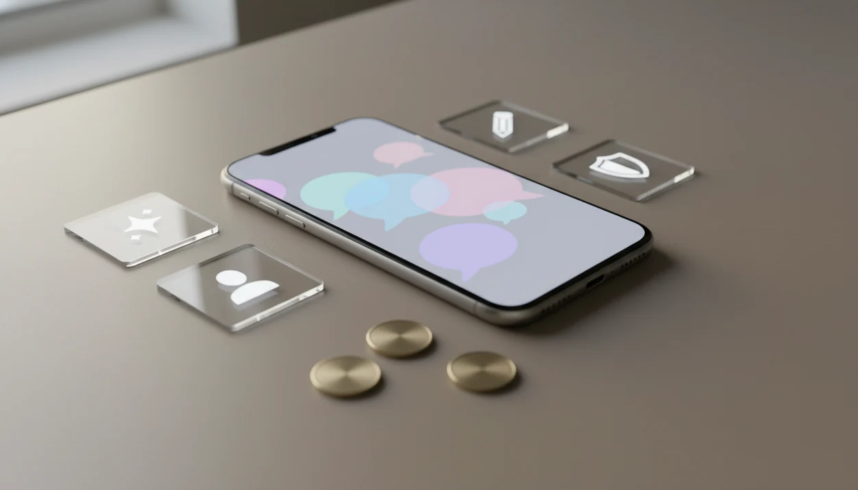 A phone with abstract chat bubbles surrounded by icons for replies, profile help, safety, and free limits.