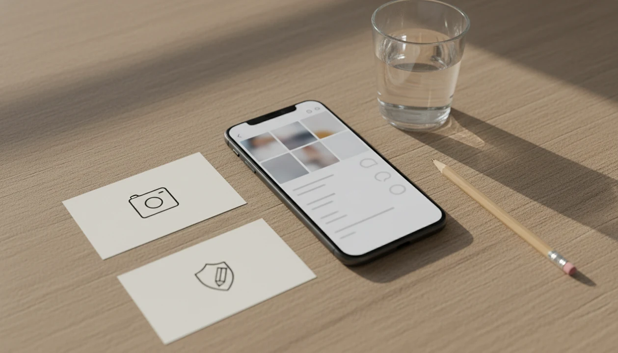 A phone and icon cards on a desk suggest comparing free dating profile optimization tools.
