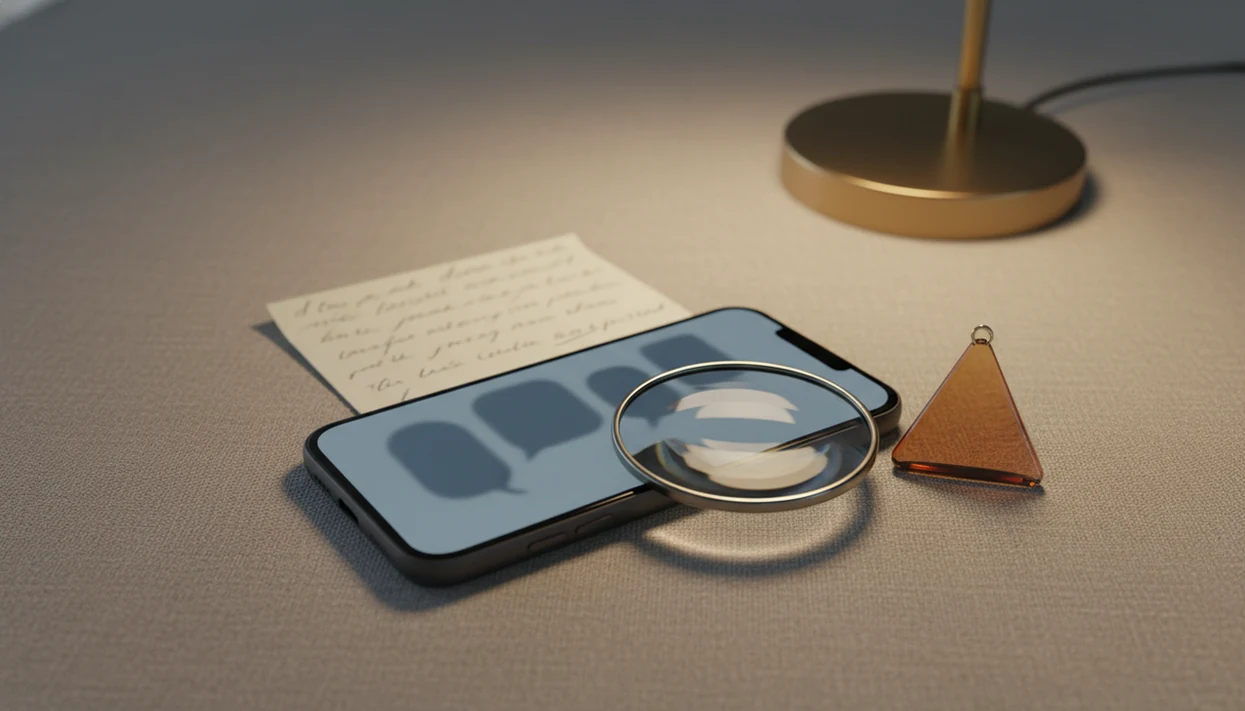 A phone with blurred chat bubbles sits beside a magnifying glass and amber warning symbol on a quiet table.