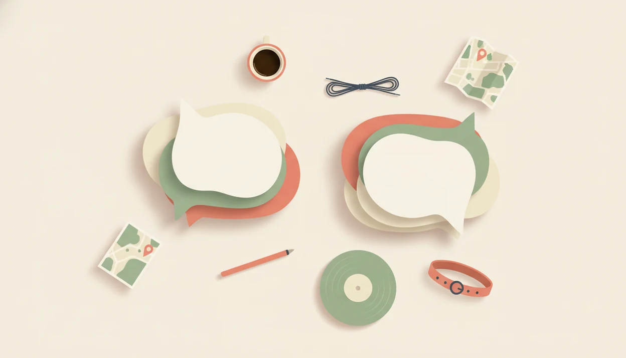 Abstract speech bubbles surrounded by profile clues suggest thoughtful dating app openers.