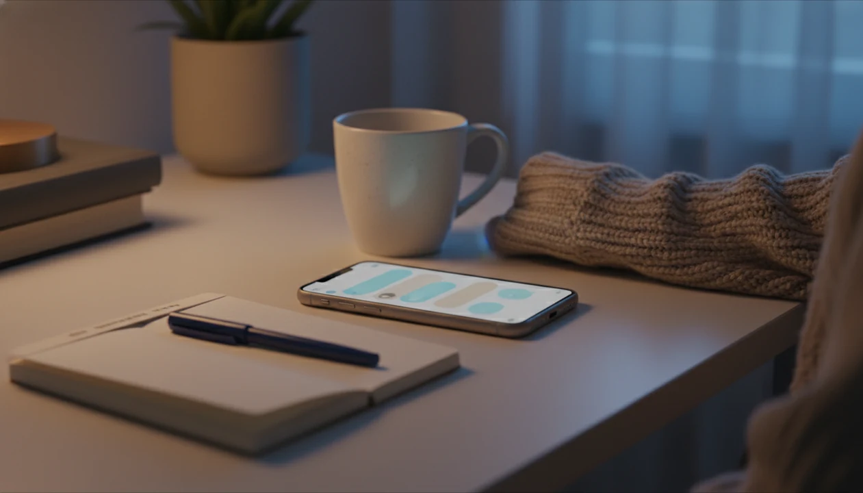 A phone with blurred chat bubbles rests on a calm desk beside a blank notebook and warm lamp light.