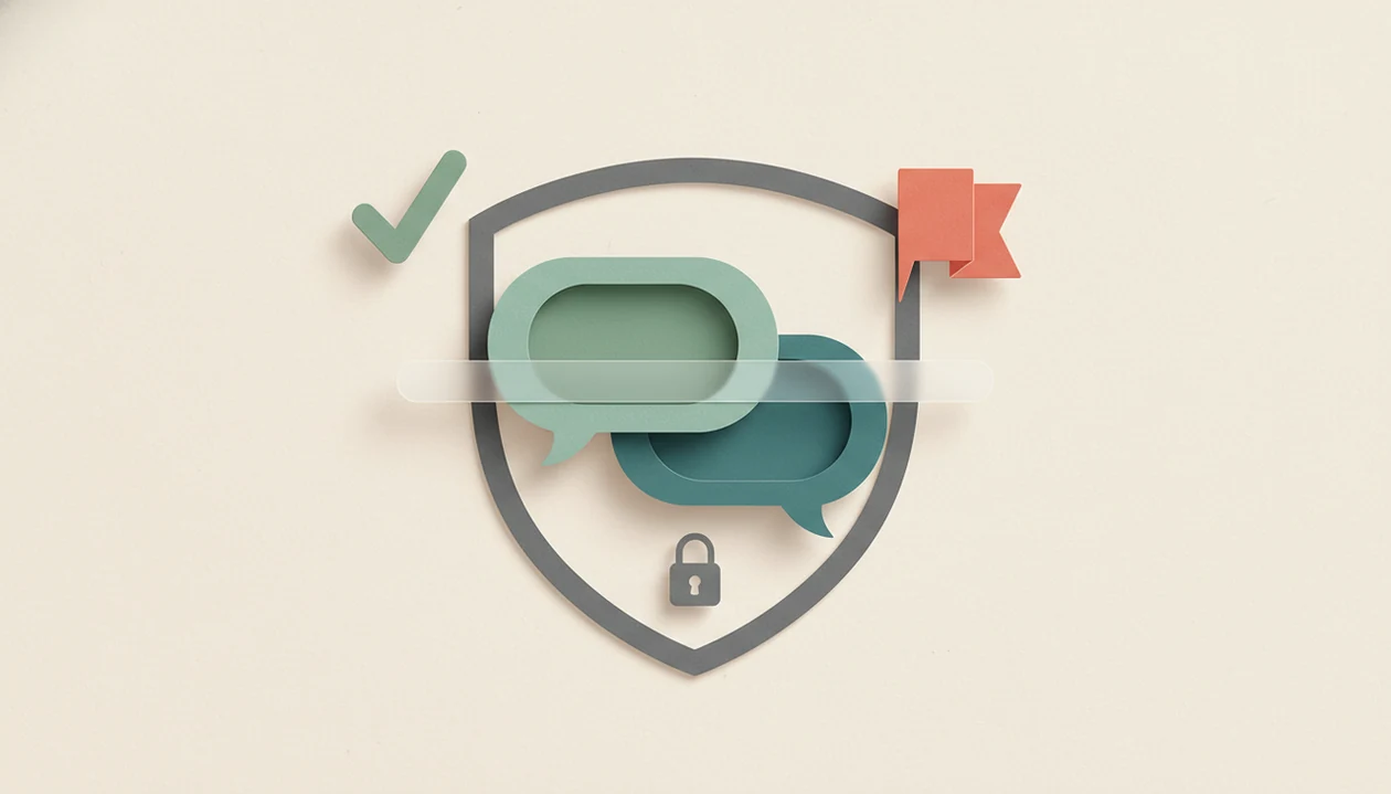 Abstract chat bubbles, a shield, and boundary symbols represent safe AI dating messages.