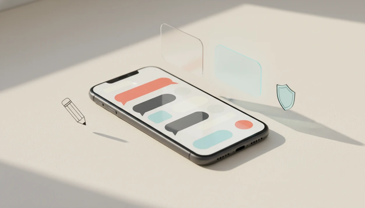 A phone with abstract chat bubbles, editable reply cards, a pencil, and a safety shield on a clean desk.
