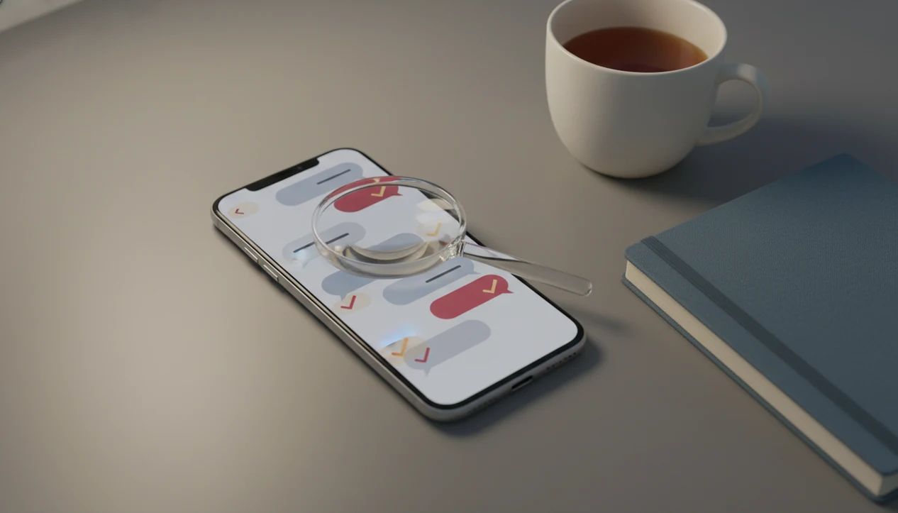 A phone with abstract chat bubbles is examined under a magnifying glass on a quiet desk.