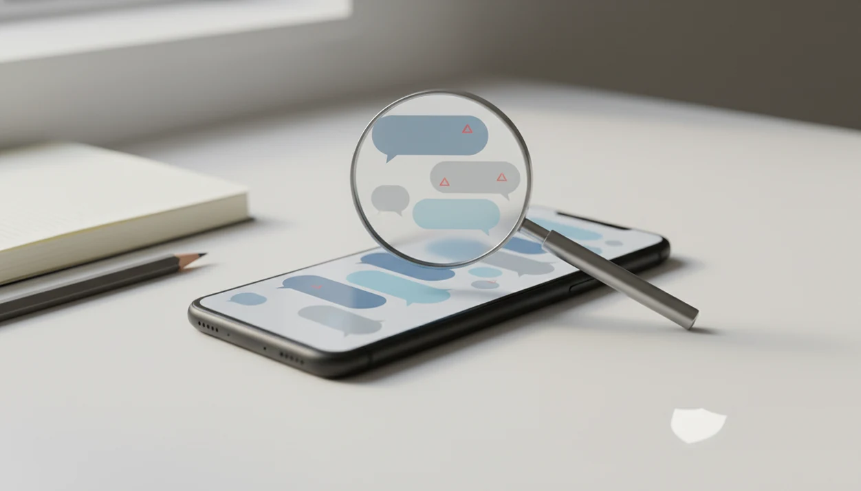 A phone with abstract chat bubbles being scanned for subtle red warning markers on a calm desk.