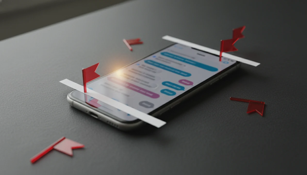 A phone with blurred dating messages is shown with subtle red flags and privacy cropping cues.