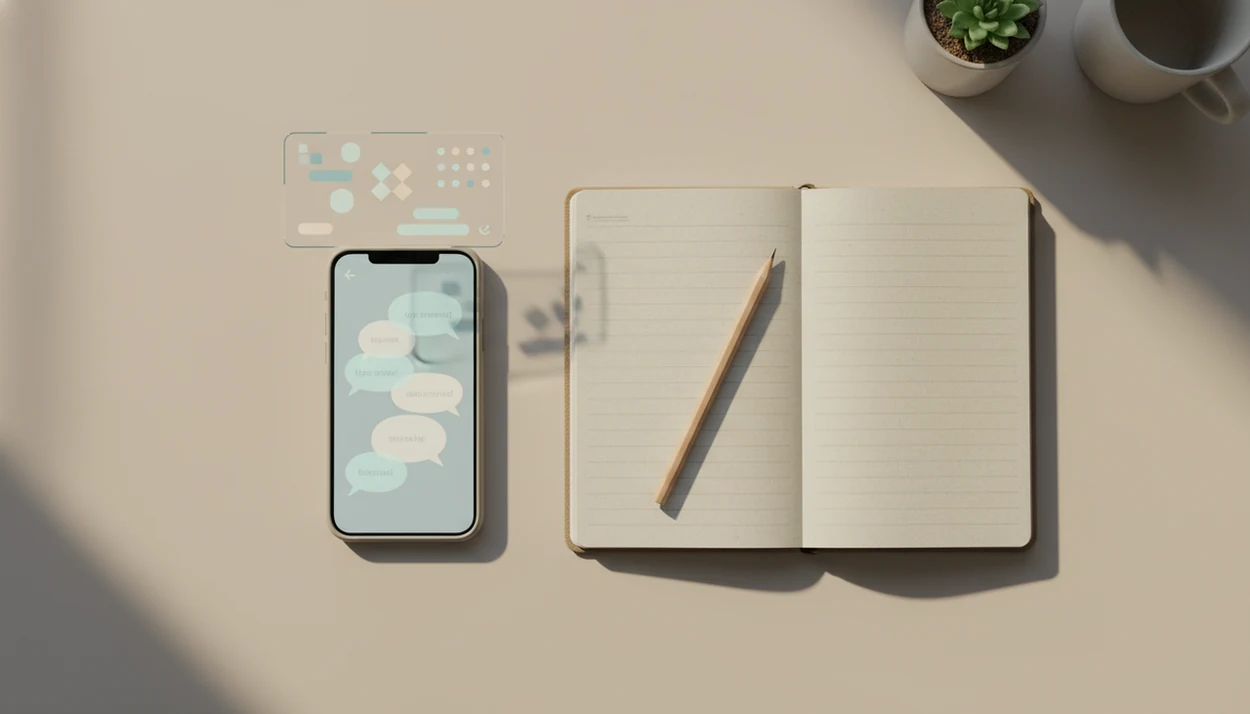 A phone, notebook, and pencil suggest AI helping with dating messages while the user stays in control.